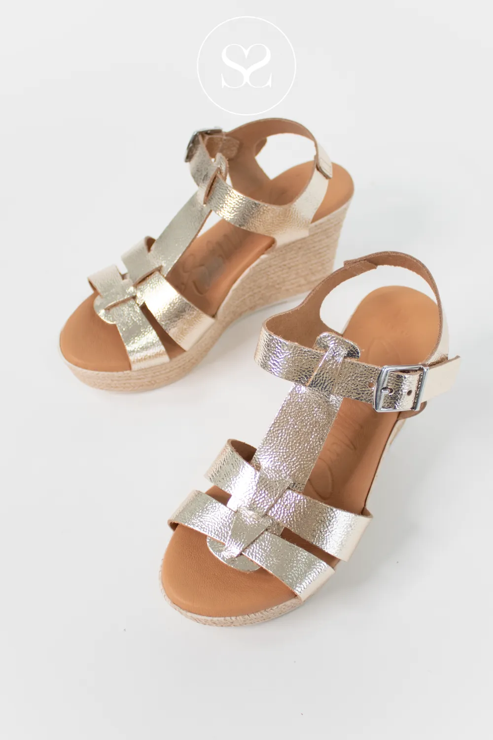 OH MY SANDALS 5727 GOLD LEATHER WEDGE SANDALS