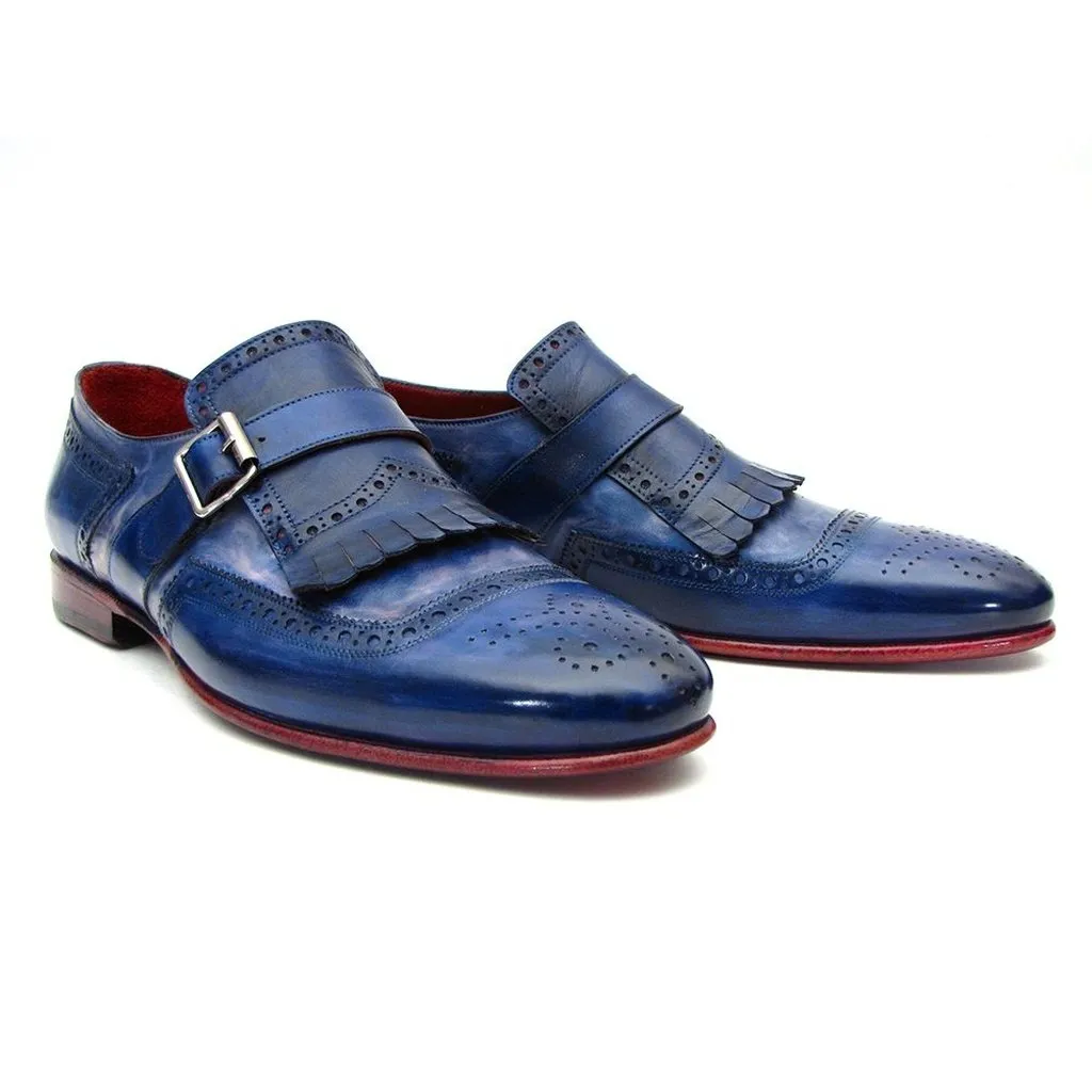 Paul Parkman Kiltie Monkstrap Shoes Dual Tone Blue Leather (ID#12BL78)