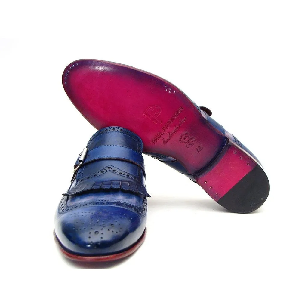Paul Parkman Kiltie Monkstrap Shoes Dual Tone Blue Leather (ID#12BL78)