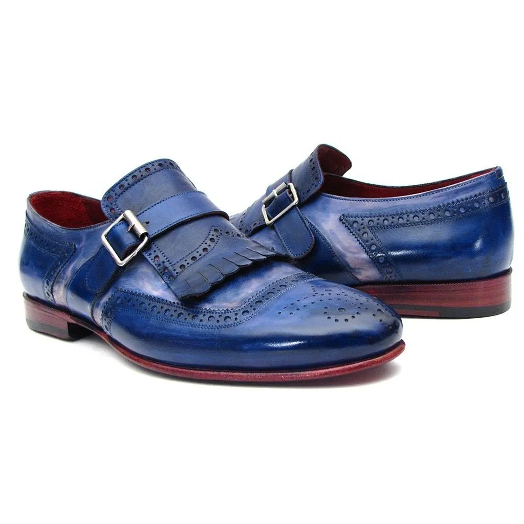 Paul Parkman Kiltie Monkstrap Shoes Dual Tone Blue Leather (ID#12BL78)