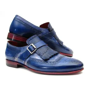 Paul Parkman Kiltie Monkstrap Shoes Dual Tone Blue Leather (ID#12BL78)