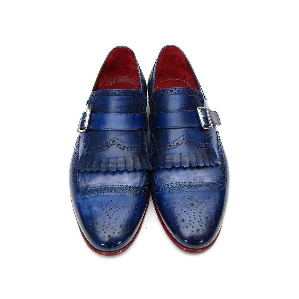 Paul Parkman Kiltie Monkstrap Shoes Dual Tone Blue Leather (ID#12BL78)