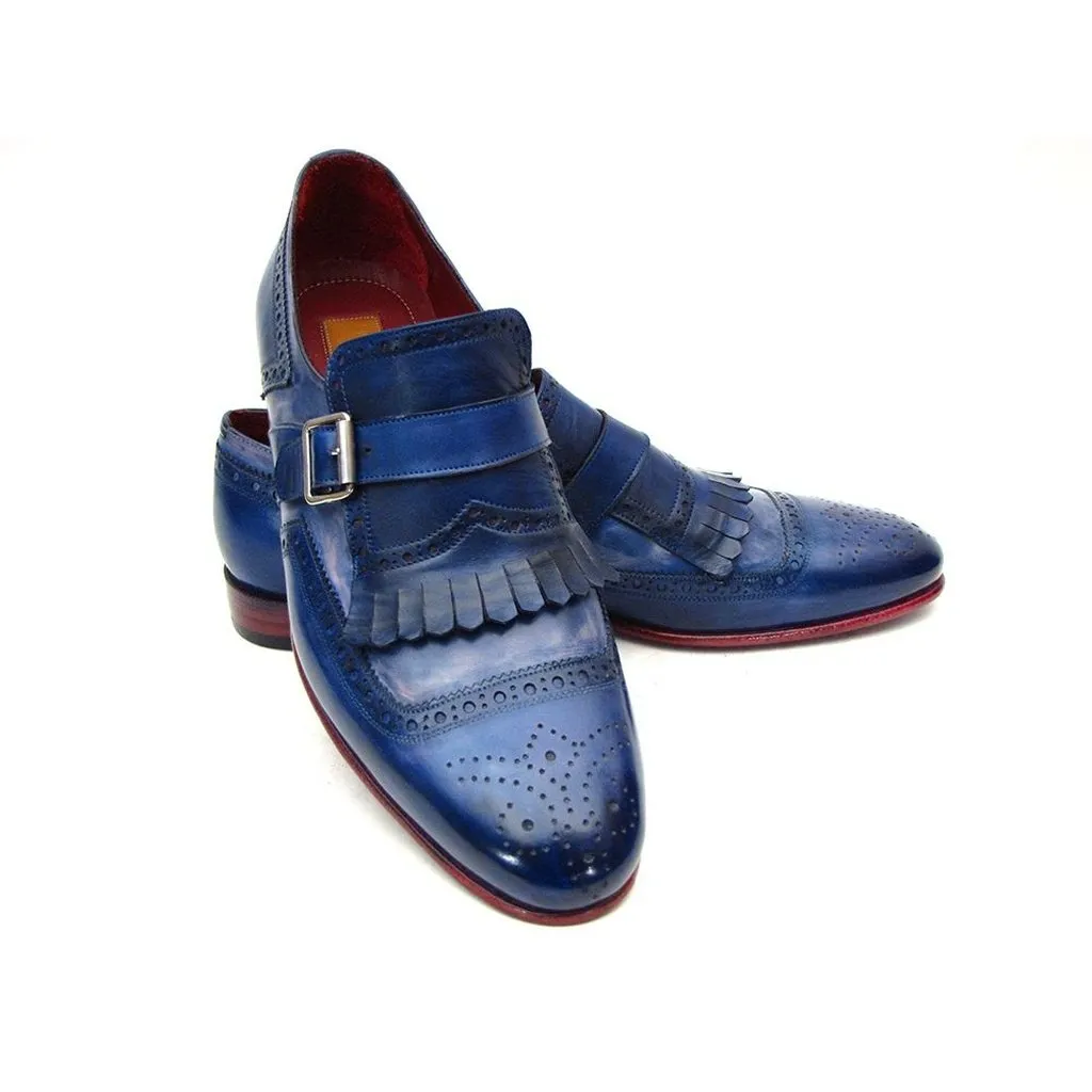 Paul Parkman Kiltie Monkstrap Shoes Dual Tone Blue Leather (ID#12BL78)