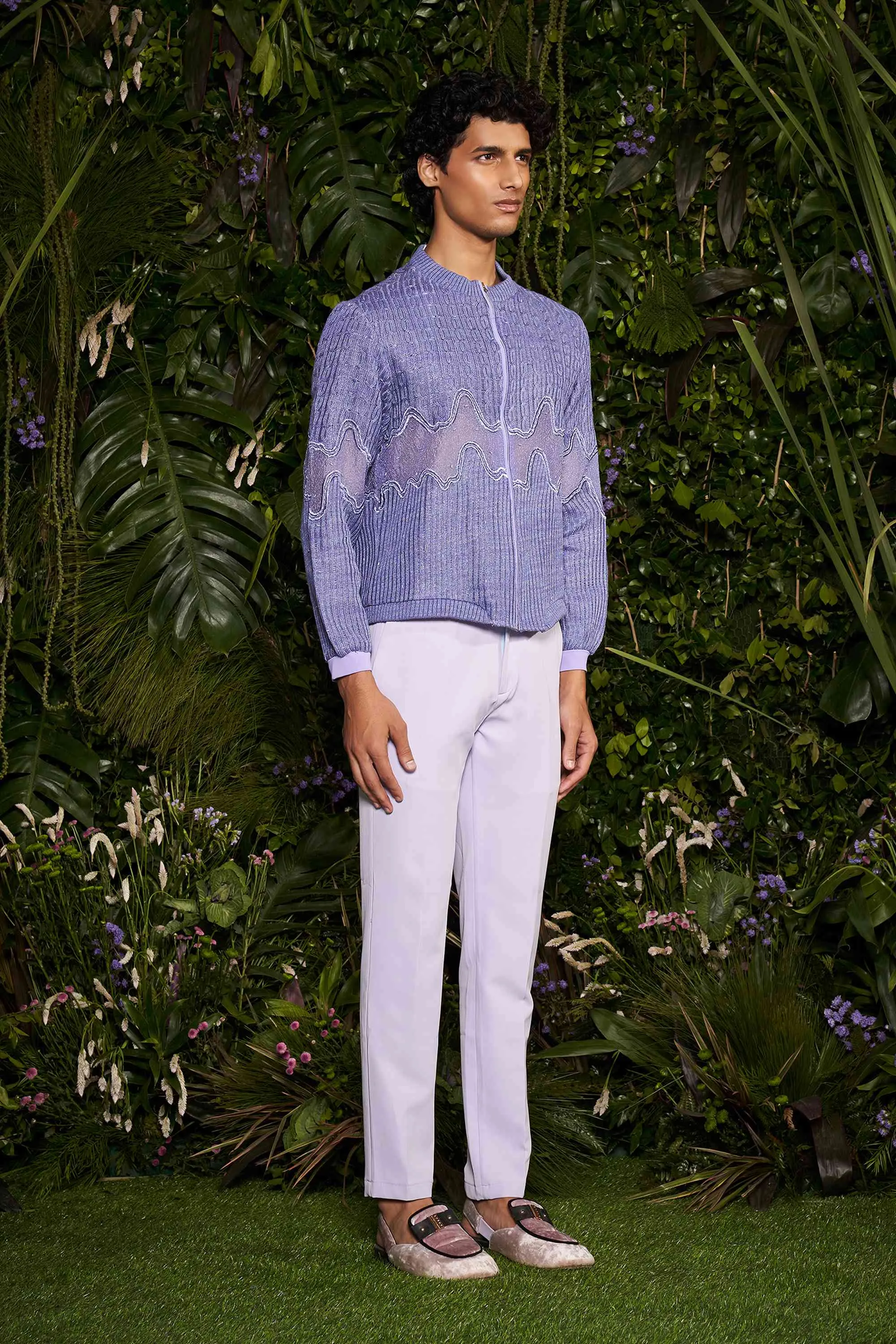 Periwinkle Ripplet Stripe-knit Bomber
