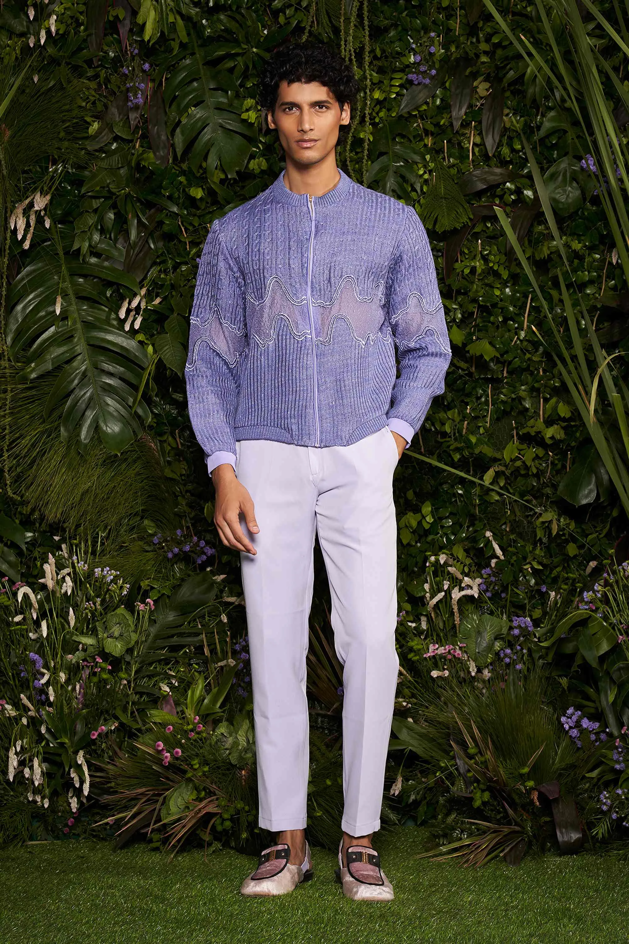 Periwinkle Ripplet Stripe-knit Bomber