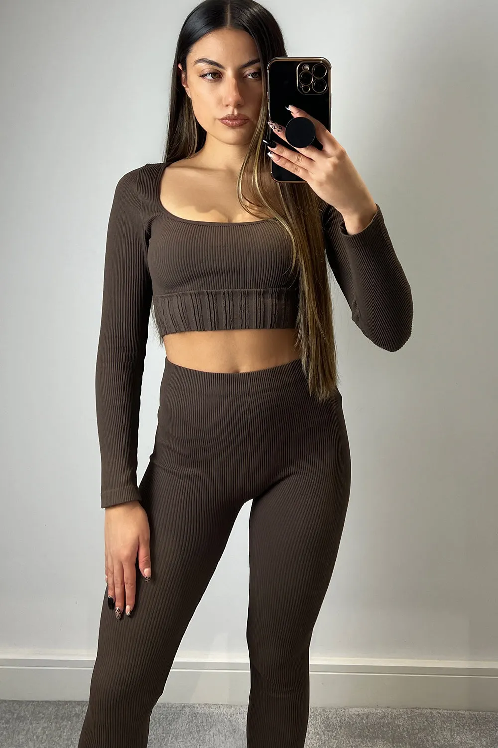 Raya Brown Scoop Neck Ribbed Crop Top and Leggings Gym Set
