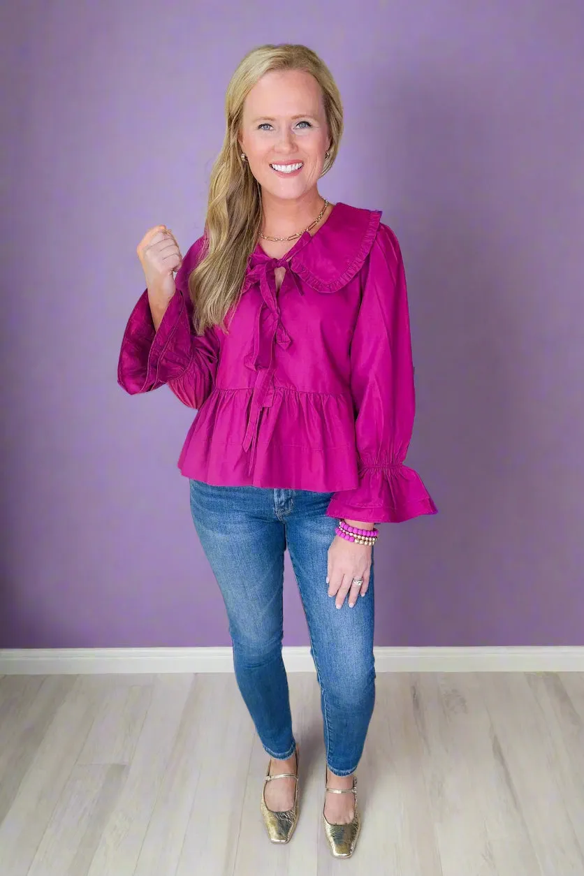 Ruffle Peter Pan Collared Faux Tie Front Poet Sleeve Top in Magenta
