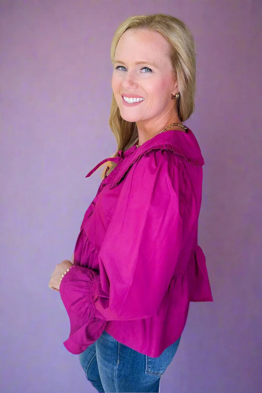 Ruffle Peter Pan Collared Faux Tie Front Poet Sleeve Top in Magenta