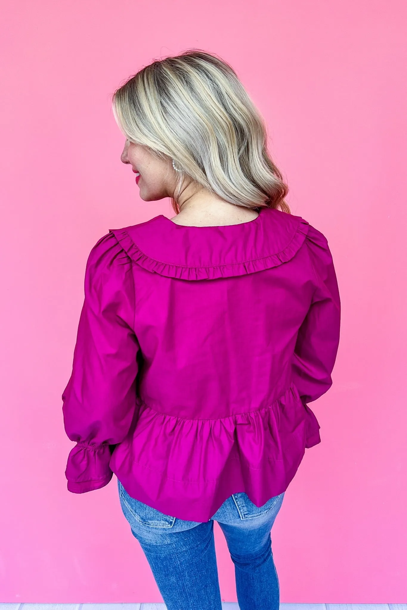 Ruffle Peter Pan Collared Faux Tie Front Poet Sleeve Top in Magenta