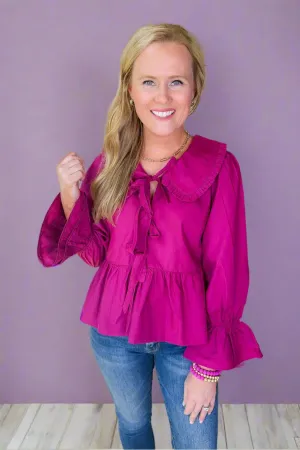 Ruffle Peter Pan Collared Faux Tie Front Poet Sleeve Top in Magenta