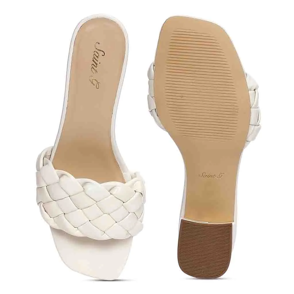 Saint Kate White Woven Leather Block Heel Mules