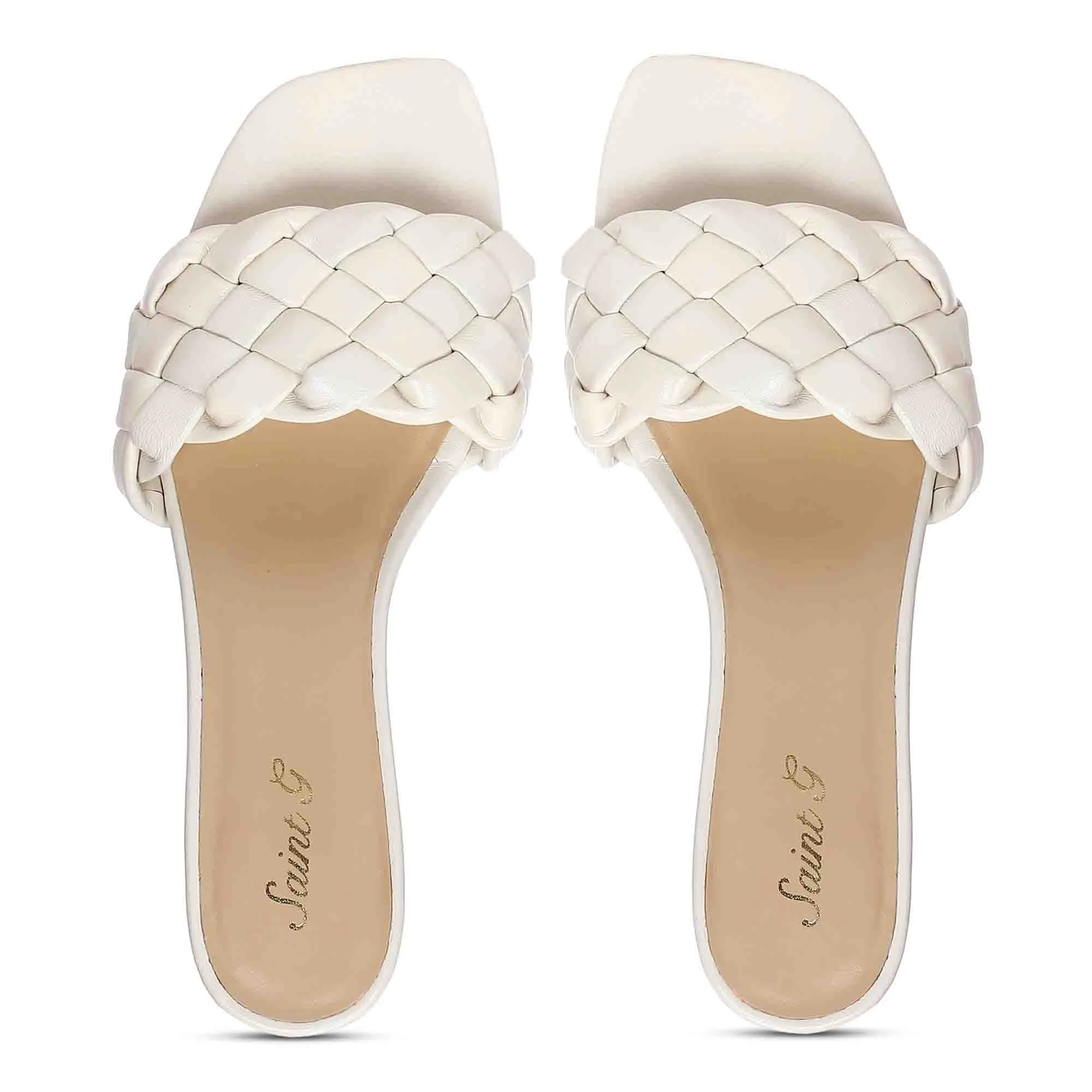 Saint Kate White Woven Leather Block Heel Mules