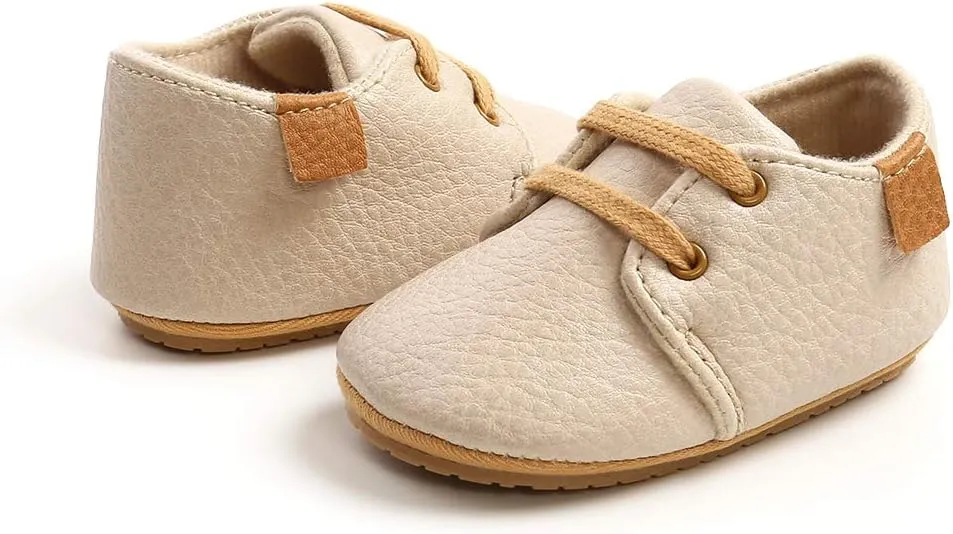 SOFMUO Baby Boys Girls Lace Up Leather Sneakers Soft Rubber Sole Infant Moccasins Newborn Oxford Loafers Anti-Slip Toddler Wedding Uniform Dress Shoes