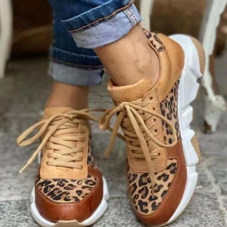 Spring Trendy Sneaker Women Leopard Print Ladies Lace Up Casual Shoes