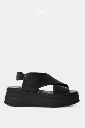 TAMARIS 1-28303-44 BLACK LEATHER THICK STRAP WEDGE SANDALS