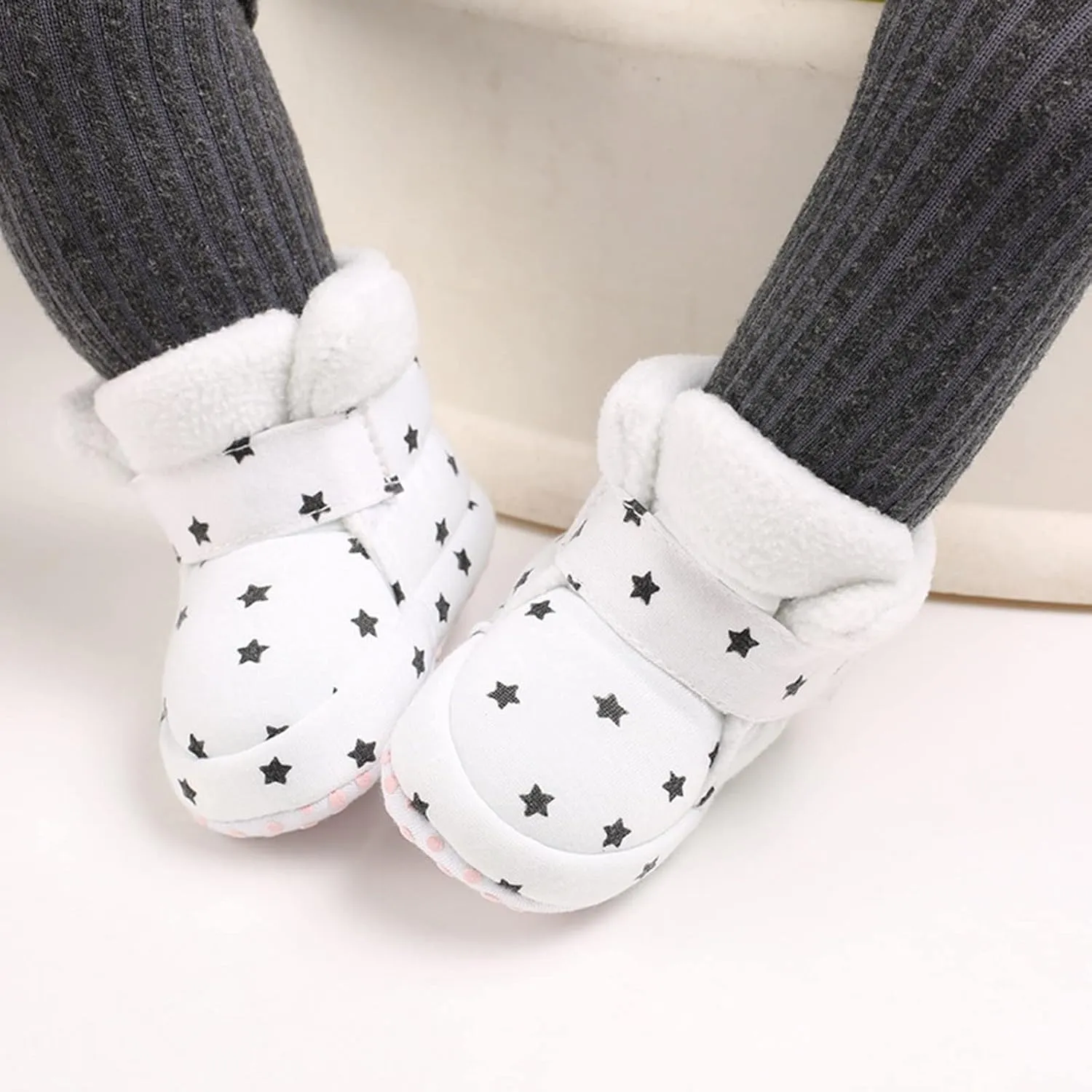 Toddler Baby Shoes Fleece Warm Wool Boots Fashion High Top Star Printing Non Slip Hook Loop Nude Boots