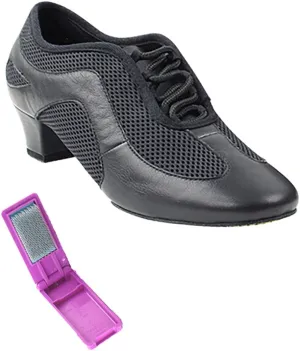 Very Fine Dance Shoes - Ladies Practice, Cuban Low Heel, Waltz Ballroom Dance Shoes - SERA702BBX - 1.5-inch Heel and Foldable Brush Bundle - Black Leather - 7