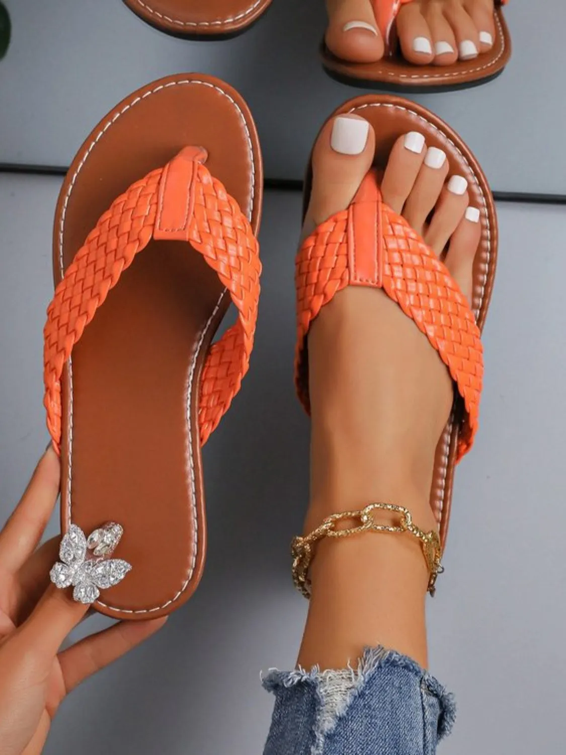 Vibrant Orange Braided Toe Post Sandals for Casual Summer