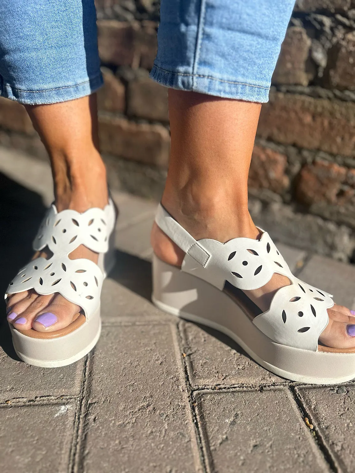 White Cut Out Wedge Sandals