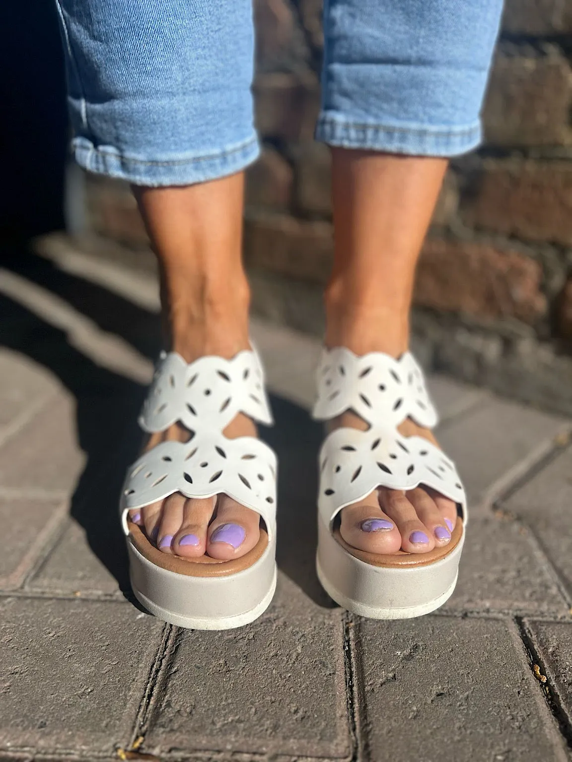 White Cut Out Wedge Sandals