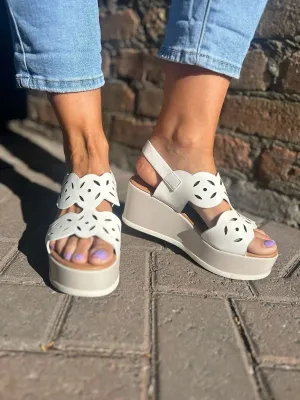 White Cut Out Wedge Sandals