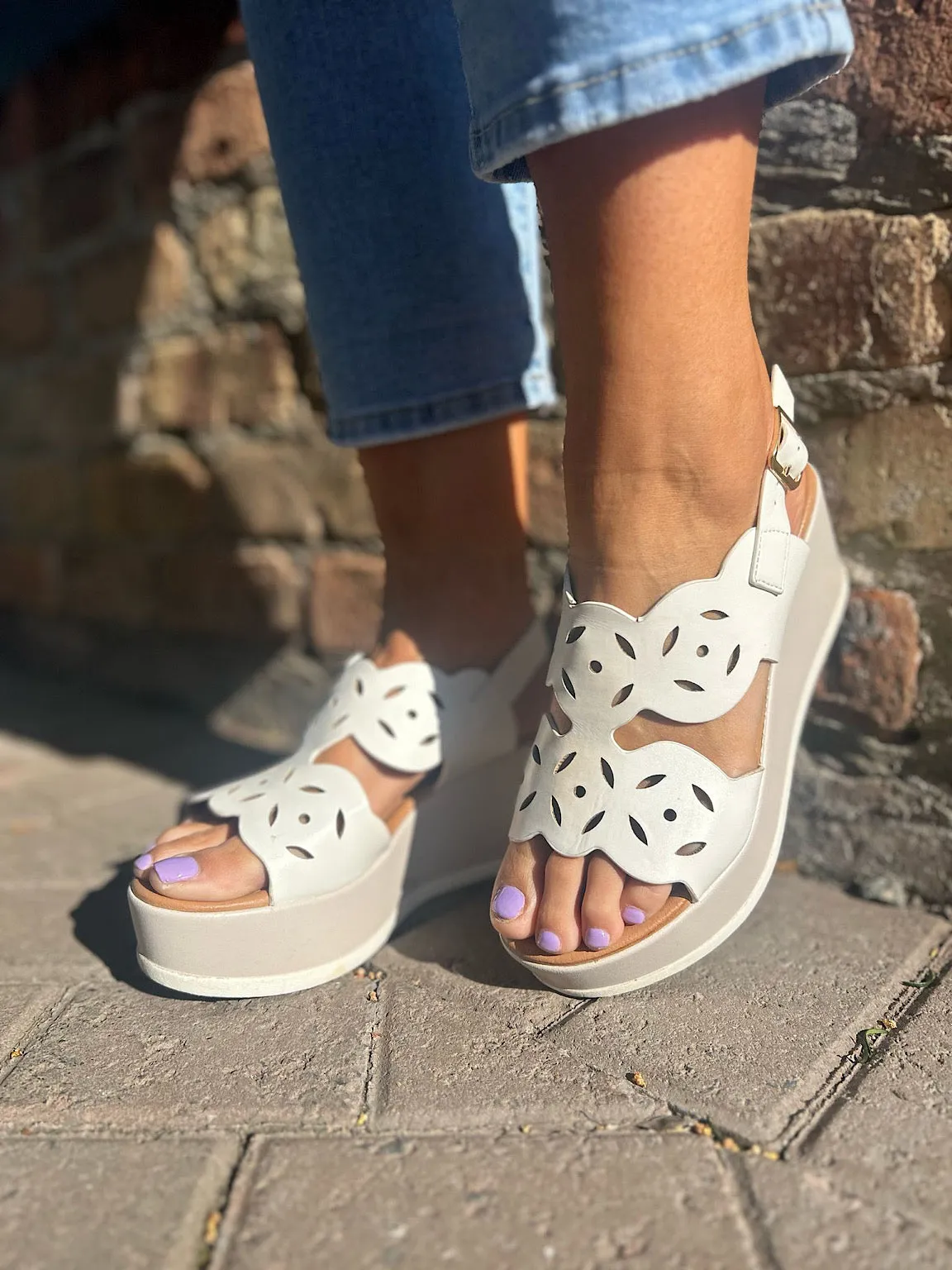 White Cut Out Wedge Sandals