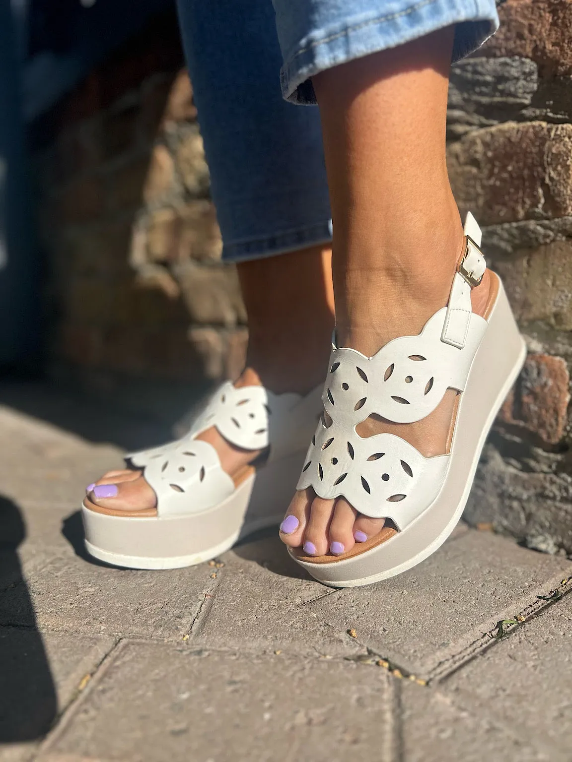 White Cut Out Wedge Sandals