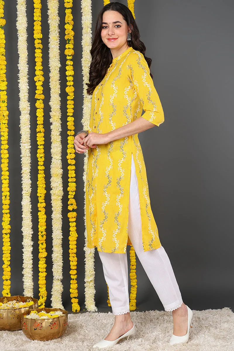 Women Cotton Fabric Trendy Festive Wear Yellow Printed Kurti VCK1334