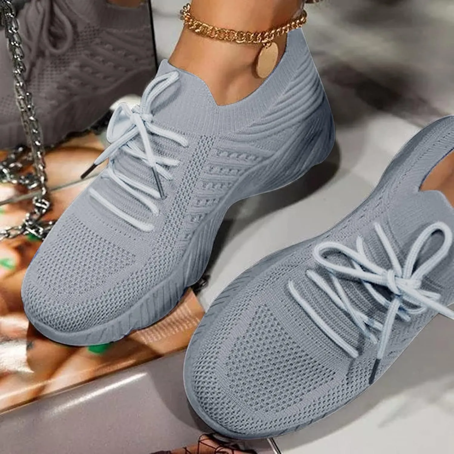 Women's Fashion Sneakers Casual Slip On Sneakers Mesh Breathable Womens Walking Shoes Comfortable Hiking Running Shoes Non Slip Lightweight Lace-up Walking Sneakers Work Workout Gym Travel