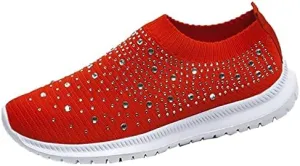 Womens Rhinestones Glitter Fashion Mesh Walking Shoe Breathable Slip-on Loafers Non-Slip Orthopedic Arch Support Sock Sneaker (red,7.5,Women,7.5)