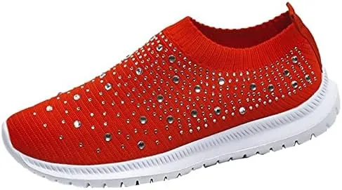 Womens Rhinestones Glitter Fashion Mesh Walking Shoe Breathable Slip-on Loafers Non-Slip Orthopedic Arch Support Sock Sneaker (red,7.5,Women,7.5)