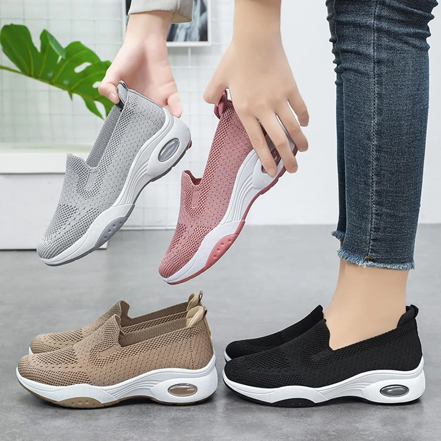Womens Slip On Walking Shoes Comfortable Air Cushion Athletic Trainers Shoes Breathable Mesh Casual Running Tennis Sneaker for Women