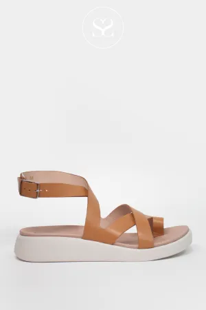 WONDERS C-6502 TAN LEATHER LOW WEDGE GLADIATOR SANDALS